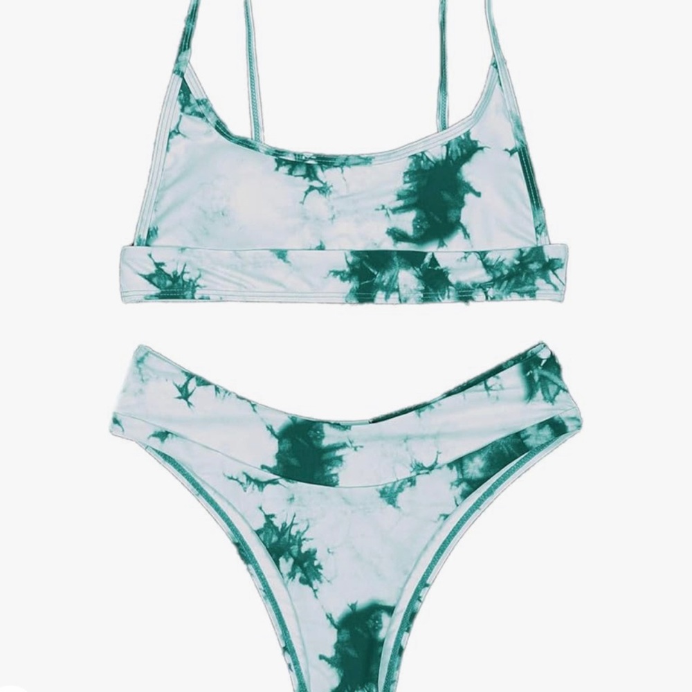 Verdusa Women's Swimsuit Bandeau Top High Leg Bikini Suit Tie Dye Green XS